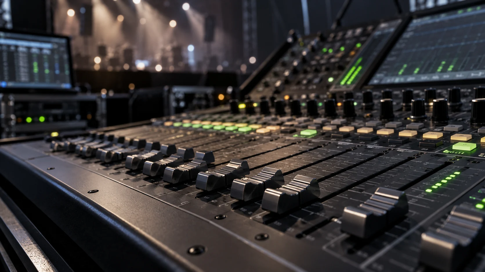 The controls and faders of a professional audio mixing console.