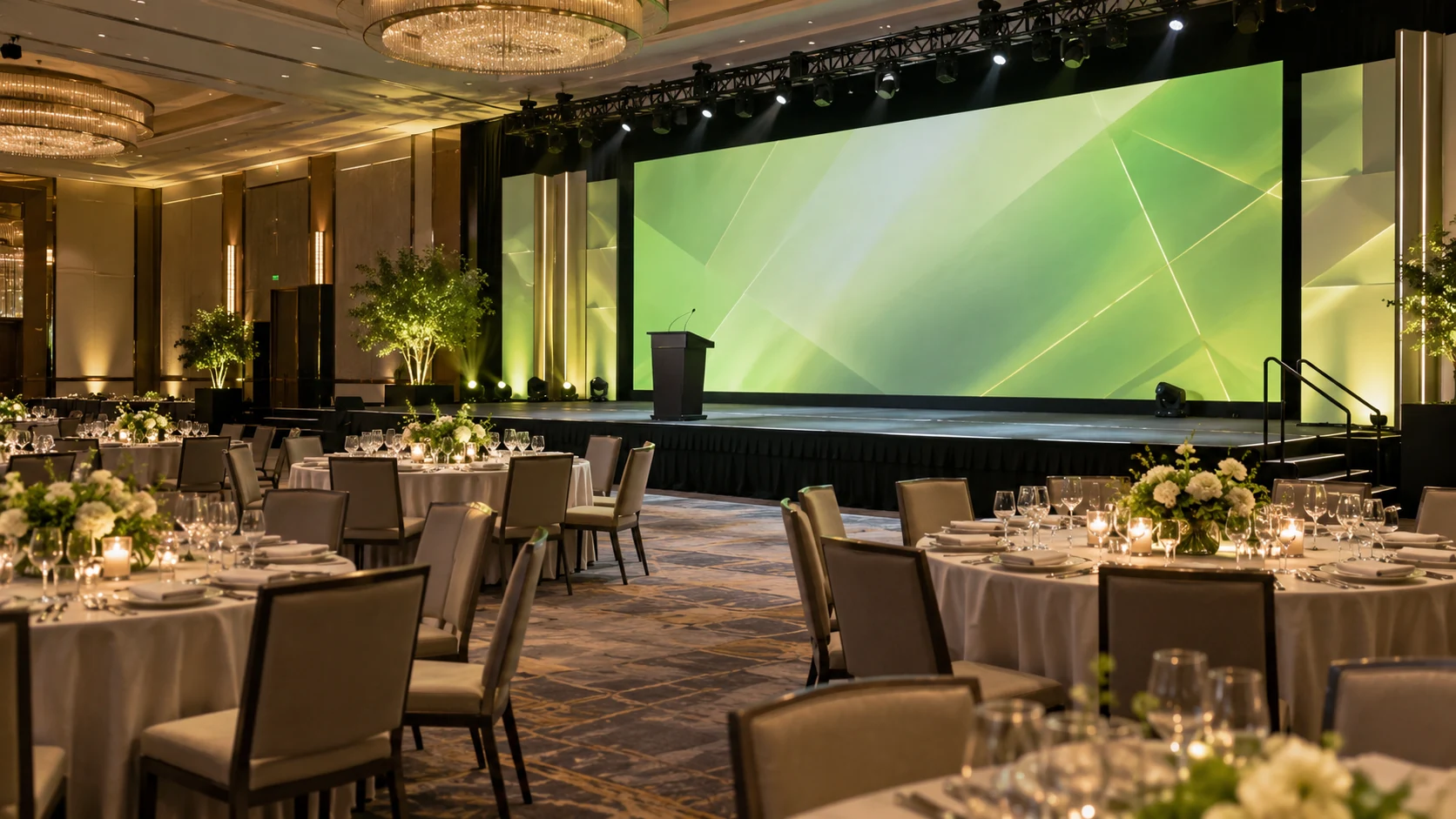 An event venue with a stage, lighting and an audiovisual setup.